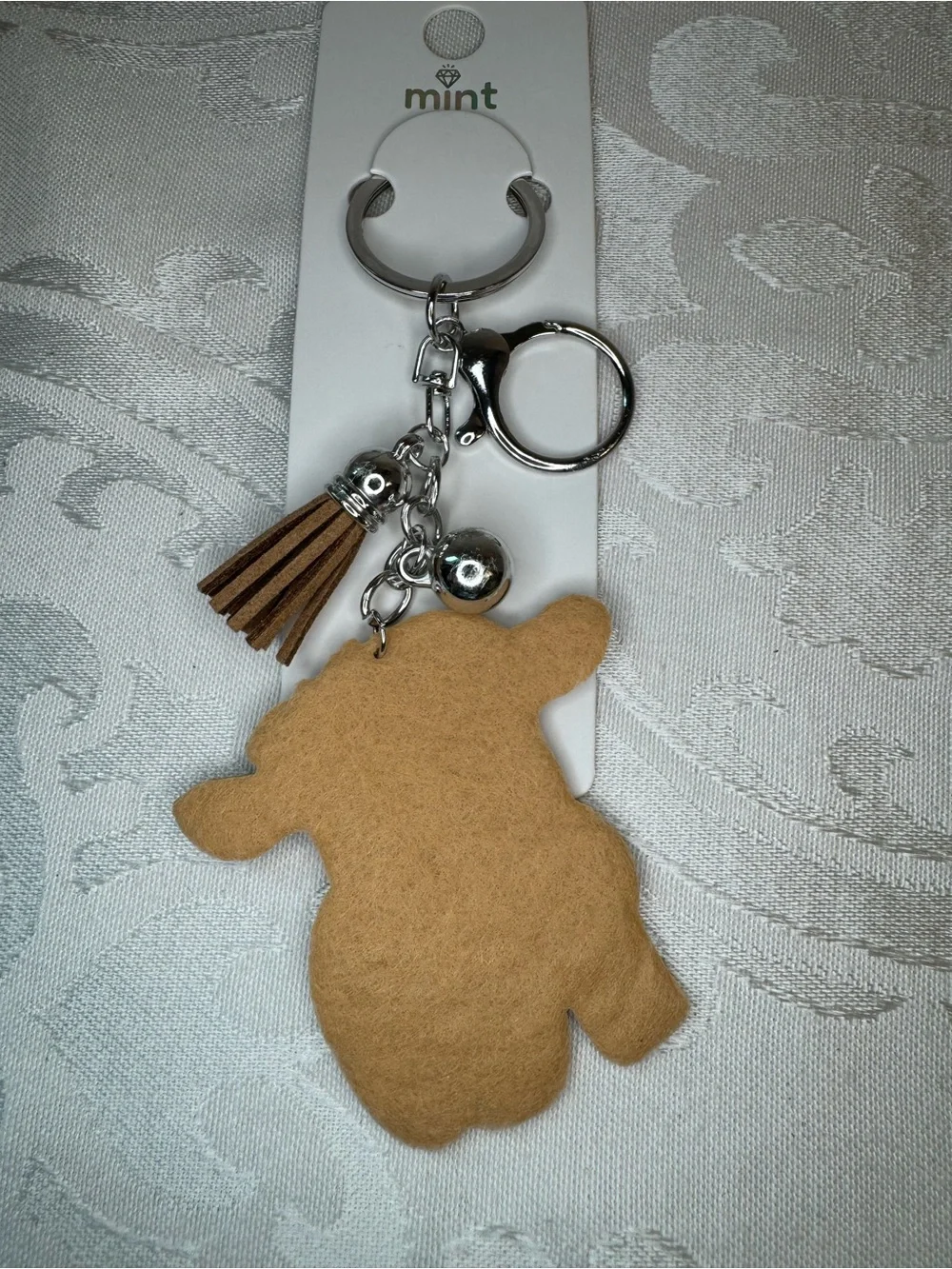 New Mint Crystal Brown Cow Keychain with Brown Tassel